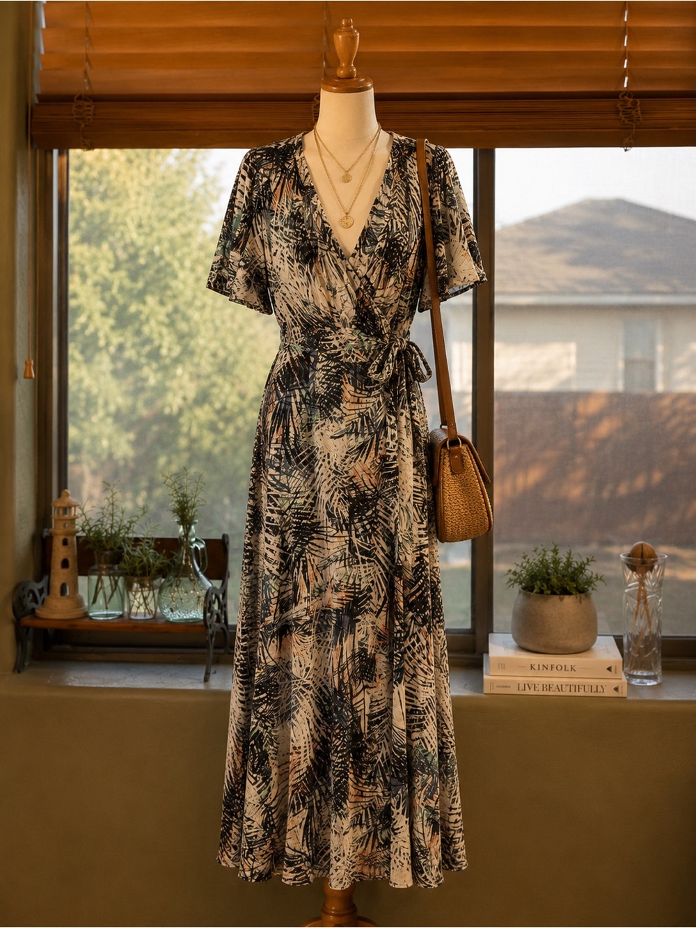 LOVESTITCH Tropical Print Wrap Midi Dress Size Large Boho Resort Vacation